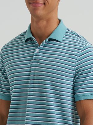 Men's Stripe Mini Pique Polo Shirt in Cameo Blue