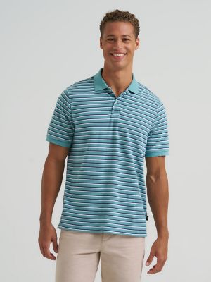 Men's Stripe Mini Pique Polo Shirt in Cameo Blue