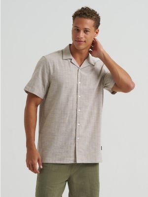 Men's Dobby Slub Camp Shirt in Khaki main view