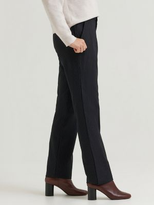 Women's Wrinkle Free Relaxed Fit Straight Leg Pant in Black And Gunmetal Stripe