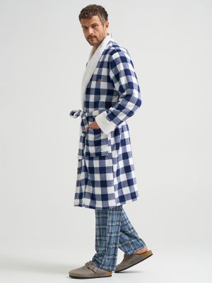 Men's Sherpa Lined Flannel Robe in Navy alternative view 2