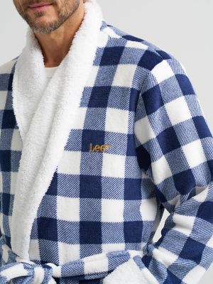 Men's Sherpa Lined Flannel Robe in Navy alternative view 4