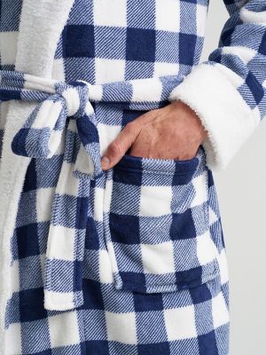 Men's Sherpa Lined Flannel Robe in Navy alternative view 5