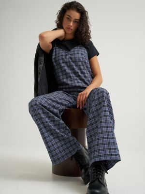 Women's Preppy Wide Leg Jumpsuit in Straw Plaid