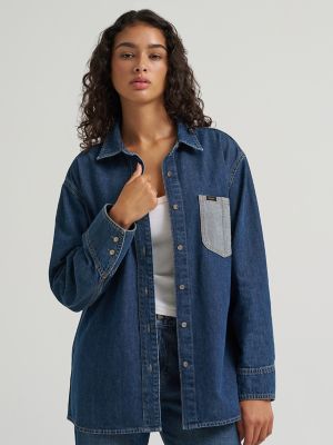 Women's Reversed Denim Oversized Button Up Shirt in Cold Blue