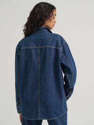 Women's Reversed Denim Oversized Button Up Shirt in Cold Blue