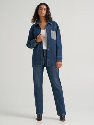 Women's Reversed Denim Oversized Button Up Shirt in Cold Blue
