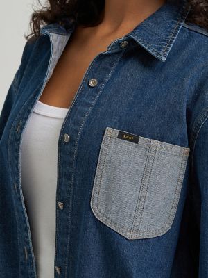 Women's Reversed Denim Oversized Button Up Shirt in Cold Blue