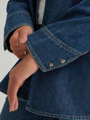 Women's Reversed Denim Oversized Button Up Shirt in Cold Blue