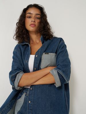 Women's Reversed Denim Oversized Button Up Shirt in Cold Blue
