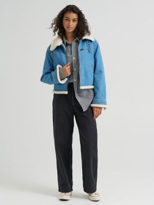 Women's Premium Sherpa Lined Aviator Denim Jacket