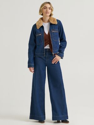 Women's Premium Removable Fur Collar Denim Jacket in Laugh Riot
