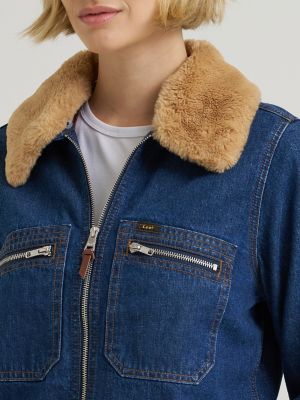 Women's Premium Removable Fur Collar Denim Jacket in Laugh Riot