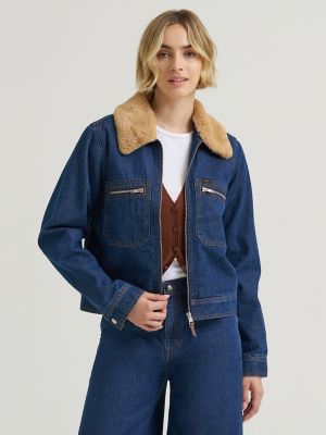 Women's Premium Removable Fur Collar Denim Jacket in Laugh Riot