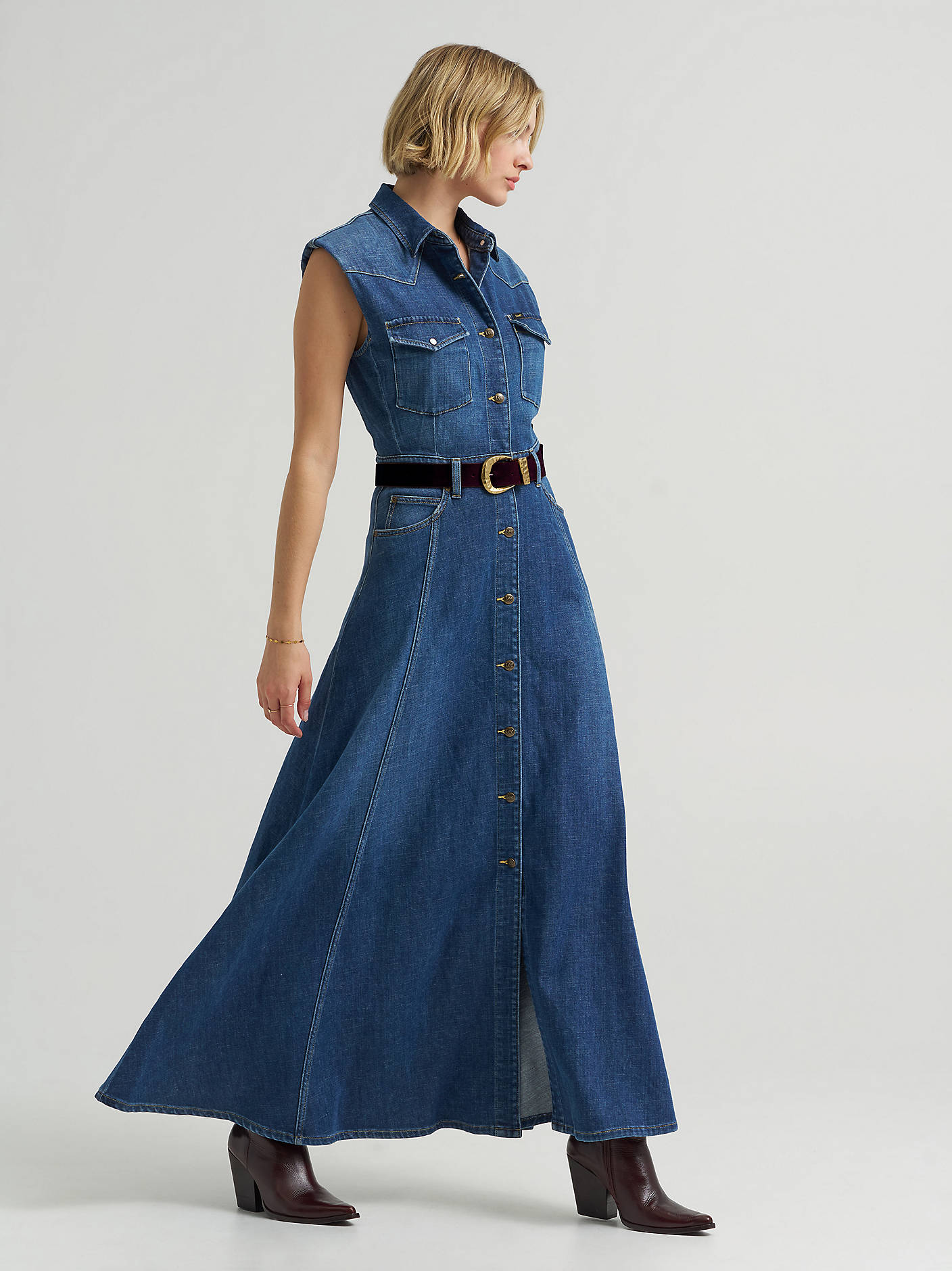 denim dress with belt Beauty- Ruched Midi (New!) Layers of pure denim magic Women Denim Retro Mid-Length Slim