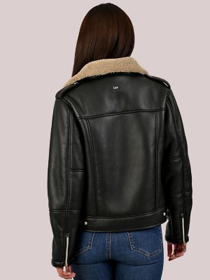 Women's Sherpa Lined Vegan Leather Moto Jacket in Black