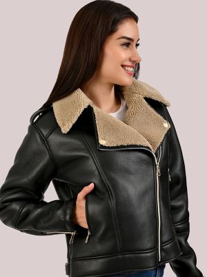 Women's Sherpa Lined Vegan Leather Moto Jacket in Black