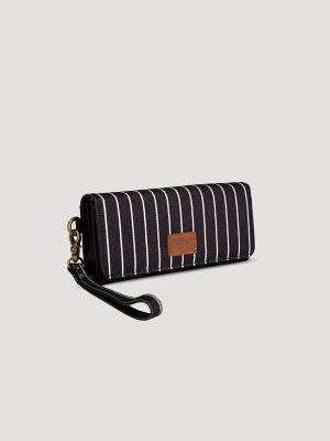 Women's Stripe Wristlet Trifold Wallet in Black