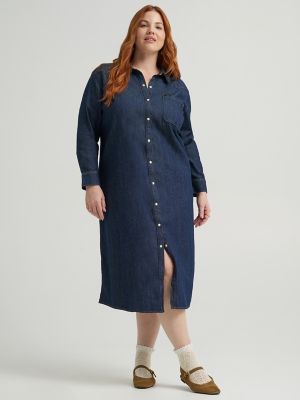 Wome's Heritage Patch Pocket Midi Dress (Plus) in Rinse