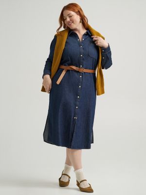 Wome's Heritage Patch Pocket Midi Dress (Plus) in Rinse