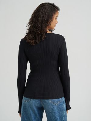 Women's Slit Sleeve Rib Knit Tee in Black