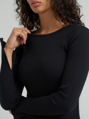 Women's Slit Sleeve Rib Knit Tee in Black