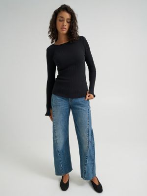 Women's Slit Sleeve Rib Knit Tee in Black