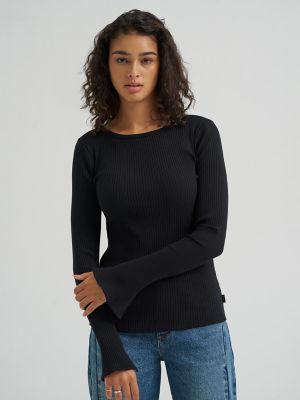 Women's Slit Sleeve Rib Knit Tee in Black