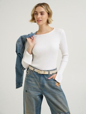 Women's Slit Sleeve Rib Knit Tee in Ecru