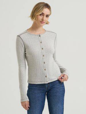 Women's Pointelle Cardigan Sweater in Grey Heather