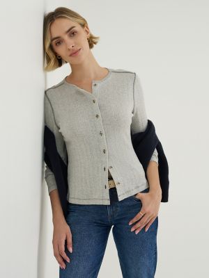 Women's Pointelle Cardigan Sweater in Grey Heather