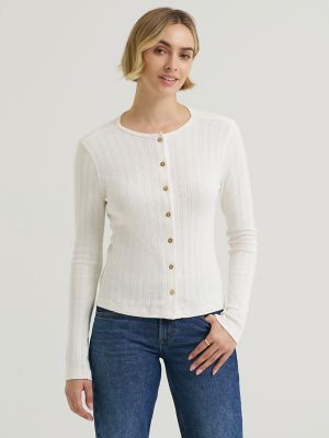Women's Pointelle Cardigan Sweater in Ecru