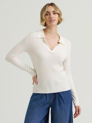 Women's Plaited Polo Sweater in Ecru