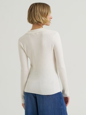 Women's Plaited Polo Sweater in Ecru