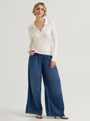 Women's Plaited Polo Sweater in Ecru