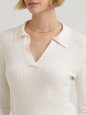 Women's Plaited Polo Sweater in Ecru