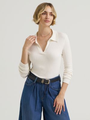 Women's Plaited Polo Sweater in Ecru