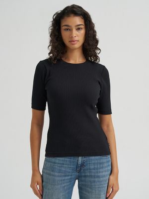 Women's Fitted Rib Knit Tee in Black