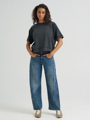 Women's Cropped Boxy Tee in Washed Black
