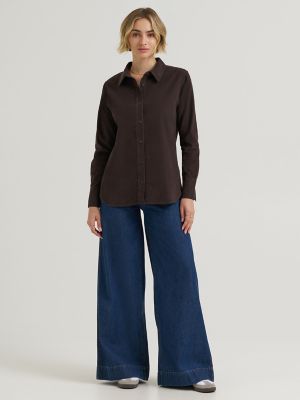 Women's Classic Button Down Corduroy Shirt in Chocolate Torte