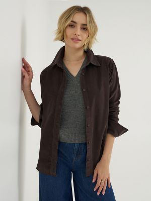 Women's Classic Button Down Corduroy Shirt in Chocolate Torte