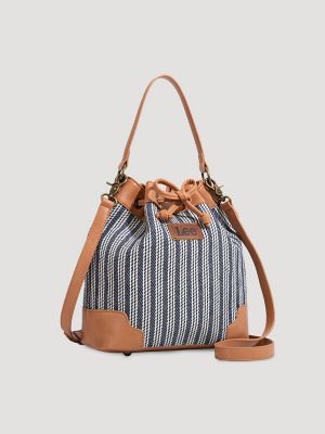 Women's Stripe Canvas Drawstring Bucket Bag in Denim Blue