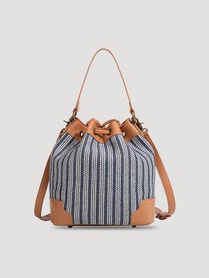Women's Stripe Canvas Drawstring Bucket Bag in Denim Blue