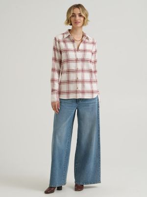 Women's Classic Button Down Shirt in Ecru Plaid