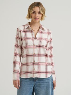 Women's Classic Button Down Shirt in Ecru Plaid