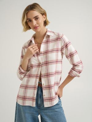 Women's Classic Button Down Shirt in Ecru Plaid