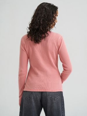 Women's Waffle Knit Henley Button Down Top in Strawberry alternative view