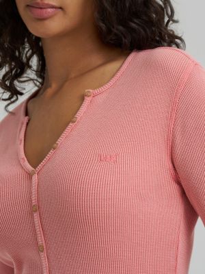 Women's Waffle Knit Henley Button Down Top in Strawberry alternative view 2