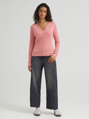 Women's Waffle Knit Henley Button Down Top in Strawberry alternative view 3