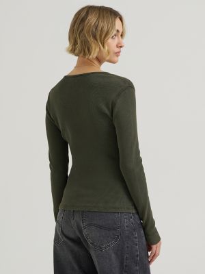 Women's Waffle Knit Henley Button Down Top in Olive Night alternative view